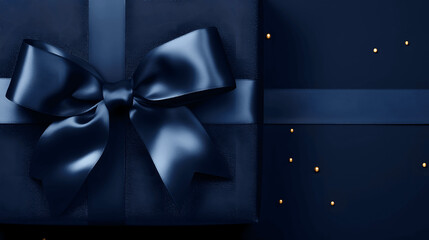 Top view of a blue satin gift ribbon with elegant and smooth texture