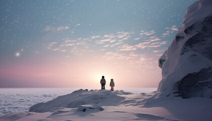 two children standing in the snow watching the moon from the cliff