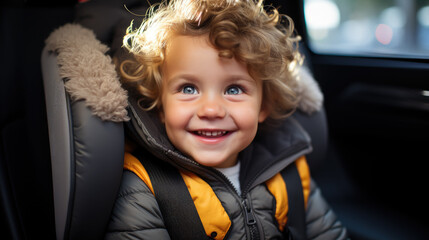 small kid, boy or girl sitting on a child seat in a car, fastened with belts, travel, road trip, traffic rules, safety, smiling baby, technology, passenger, joyful face, emotional portrait, window
