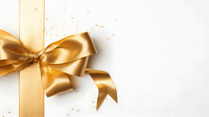 Top view of a shimmering golden gift ribbon on a white surface
