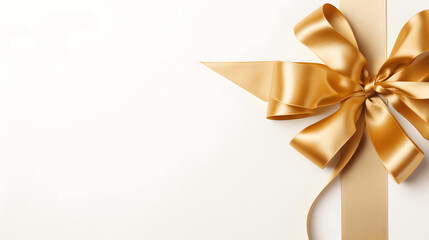 Top view of a shimmering golden gift ribbon on a white surface