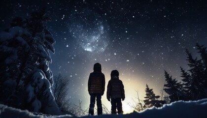 Fototapeta premium two kids look at the moon in the snow from below
