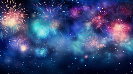 Abstract New Year's Eve background, vibrant fireworks, midnight blue sky, celebration theme, widescreen