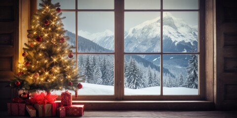 Winter view from window with Christmas tree, Swiss Alps, Xmas presents, and family home decoration.