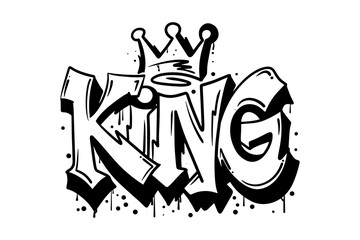 word "KING" with crown, graffiti art isolated on white background.