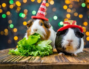 Cute christmas long haired guinea pigs wearing tuba hats eating lettuce on rustic table festive