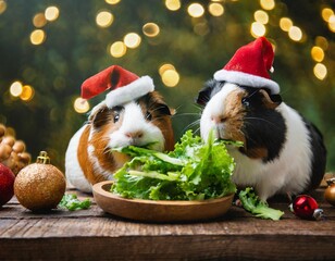 Cute christmas guinea pigs wearing hats eating lettuce on rustic table festive with bokeh 