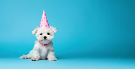 white dog in pink party hat on blue background