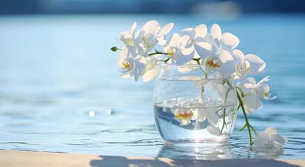 white orchid flower in a vase in an ocean view