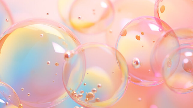 Isolated summer soap bubbles flying on multicolour gradient background. Generative AI
