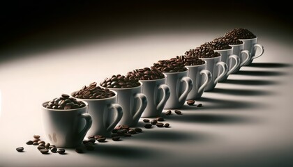 Linear Array of Coffee Cups Filled with Dark Roasted Beans - Wide Banner