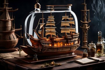Fototapeta na wymiar The Intricate Beauty of a Small Ship in a Bottle - A Masterpiece of Artistry and Imagination Encased, Symbolizing the Boundless Spirit of Adventure and the Uncharted Seas of Creativity