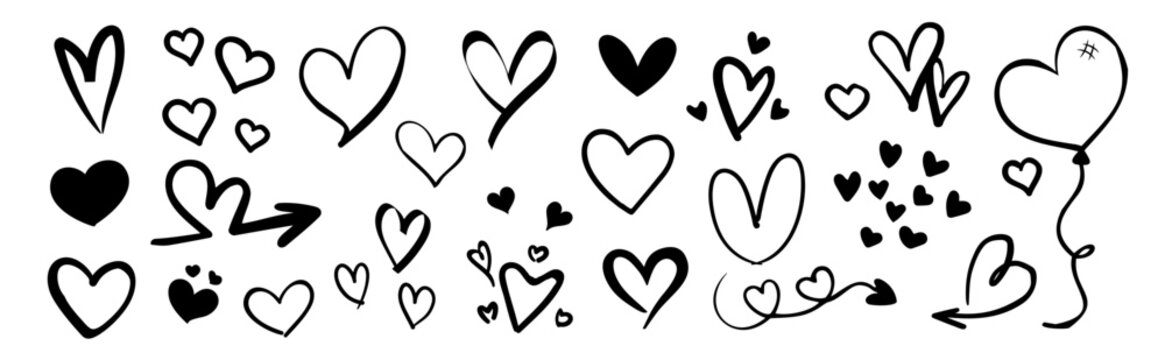 Heart doodles set. Hand drawn hearts collection. Icon cute doodle love