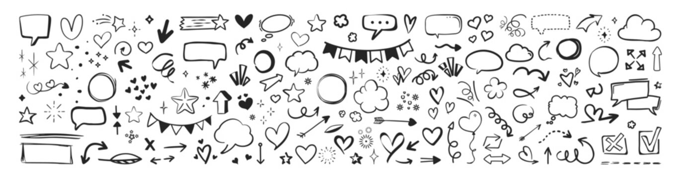 Sketch line arrow element, heart shape, star. Cute hand drawn doodle vector set, love, cloud, heart and creative design vector collection