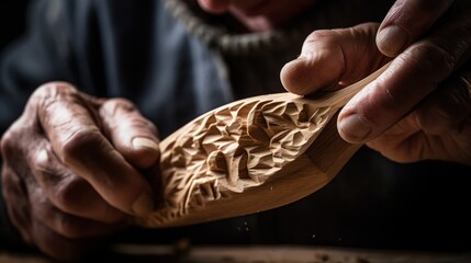 A skilled craftsman's hands, marked by the art of woodworking, carefully carve a wooden creation in...