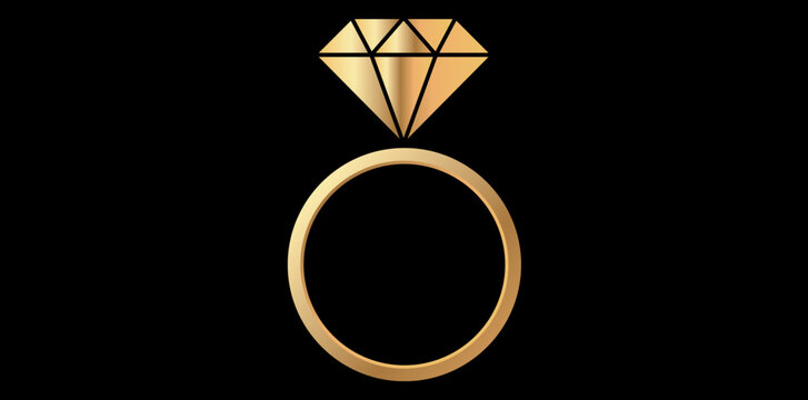 Gold Diamond Ring Icon With Black Background, Wedding Logo With Ring Symbol Vector Illustration.