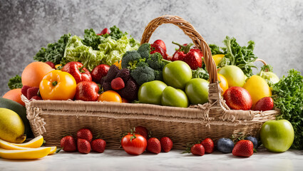 Fototapeta na wymiar Various natural vegetables and fruits in a basket