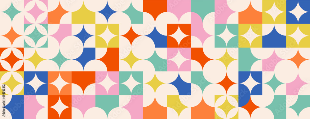 Aufkleber Geometric background in bauhaus style. Naive colorful abstract seamless pattern. Vector isolated flat illustration for poster, cover artwork, background, packing, banner.