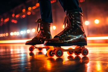 A person roller skating on an illuminated rink captured from a low perspective. Generative AI