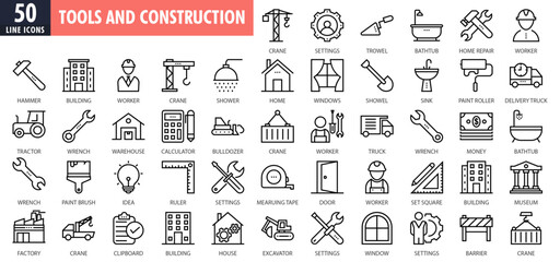 Tools and construction line icons set. outline icons collection. Home repair tools outline icons collection. Construction tools, builders and equipment symbols. Builder, crane, engineering, equipment. - obrazy, fototapety, plakaty