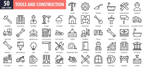 Poster Tools and construction line icons set. outline icons collection. Home repair tools outline icons collection. Construction tools, builders and equipment symbols. Builder, crane, engineering, equipment. © Icons Plaza