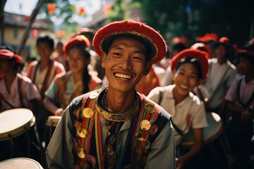 A man in traditional attire with a broad smile plays a drum, surrounded by others in vibrant cultural dress, likely part of a celebration or performance at the chinese Festival - obrazy, fototapety, plakaty
