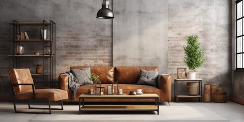 Loft-style living room with a gray sofa, wooden coffee table, brown armchair, and elegant accessories. Industrial chic home decor template.