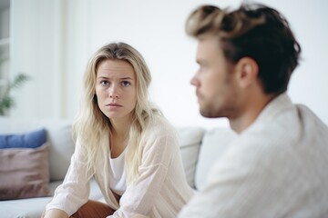 Оffended young blonde woman and man argument, сlose up husband in front and upset wife behind sit at sofa quarrel at home. Family conflict, crisis, psychological abuse, relationships concept