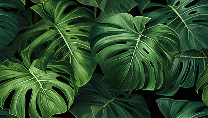 Monstera Leaves a Seamless Pattern. Realistic Painted Still Lifes.