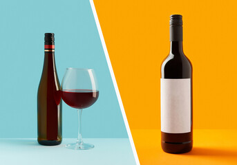 Collage with bottles of red wine. Alcoholic drink on colorful background