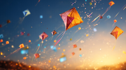 Happy Makar Sankranti Hindu holiday dedicated to sun deity Surya, colorful flying kites being flown, time for expressing gratitude and celebrating harvest season. banner, copy space, greeting card.