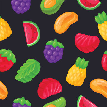 Cartoon gummy sweets seamless pattern. Chewy jelly candy, sweet fruit shaped marmalade flat vector background illustration. Jelly sweets endless backdrop