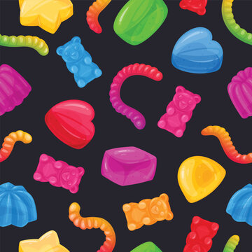 Gummy jelly seamless pattern. Cartoon chewy jelly candies, gummy bear and worms marmalade flat vector background illustration. Jelly sweets endless backdrop