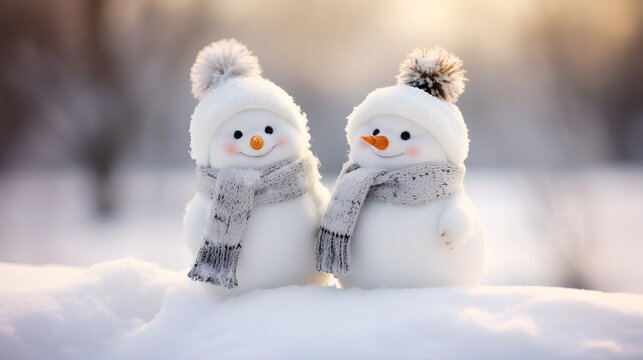 Zwei kleine niedliche Schneemänner stehen draußen im Schnee, mit Bommelmützen und Schals