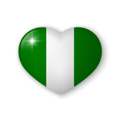 3d heart with flag of Nigeria. Realistic vector element on white background with shadow underneath. Best for mobile apps, UI and web design.