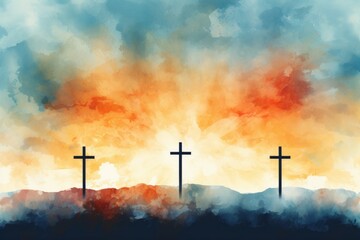 Watercolor drawing with a cross, a symbol of the Christian faith. Background with selective focus...