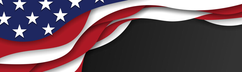 United States american flag USA patriotic papercut banner black background, web, greeting card, poster, holiday cover, label, flyer, layout. Social media print - obrazy, fototapety, plakaty