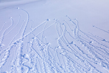 Funny snow tracks on a slope in the mountains. 