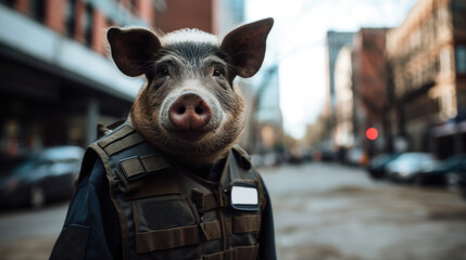 Police officer with face of wild boar, corruption and neglect concept - obrazy, fototapety, plakaty