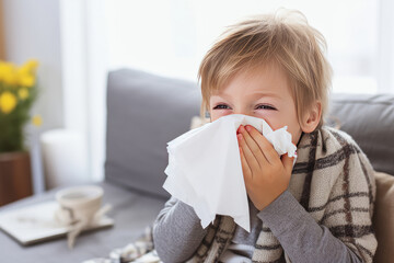 Little boy feeling ill in sofa at home and blowing his nose.