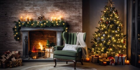 Christmas interior decoration with a green tree, wooden rocking chair, lights, fireplace, and room decor.