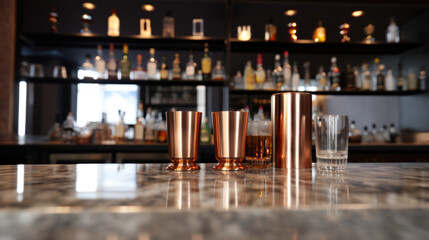 Classic marble bar counter with copper shakers and glassware