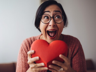 Happily surprised woman wearing glasses receives a heart-shaped box