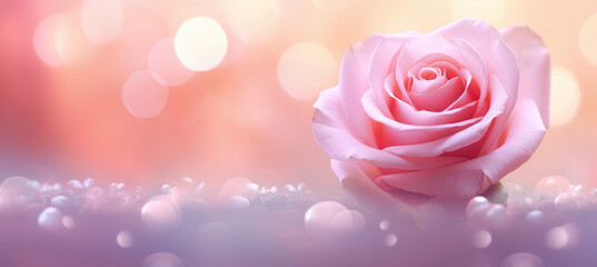 rosa de color rosa sobre superficie con pétalos rosas brillantes y fondo rosa dorado desenfocado
