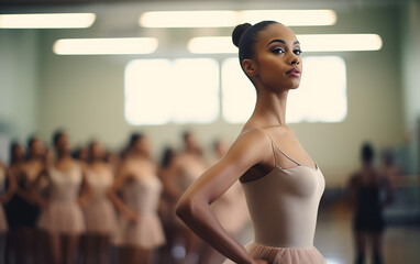 Young black woman ballerina in dance studio - ballet and dancer concept - obrazy, fototapety, plakaty
