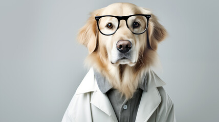 Big dog-retriever in medical coat and glasses. Portrait of a large dog in a medic costume. Doctor dog in white coat with space for text.