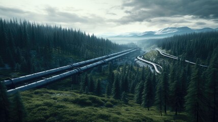 Obraz premium a serene countryside pipeline scene, the pipeline in general, with a prominent road, depict a lush forest and a gray sky.