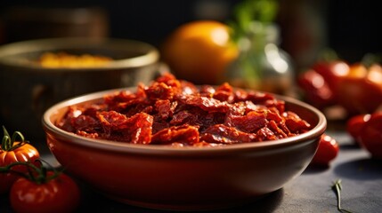 A bowl of sundried red sundried tomatoes on a table next to other food, AI - obrazy, fototapety, plakaty