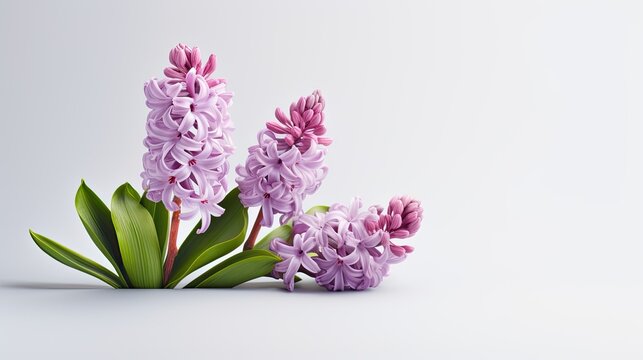 blooming hyacinths against a gray background, free space for text, creating a composition or scene in a minimalist modern style.