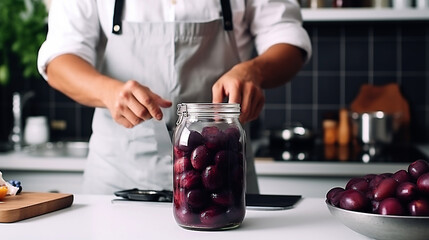 A male chef prepares plum compote on a table in the kitchen. Male hands on the background of a home kitchen. Preparing plum dessert. A man fills a jar with plums. - obrazy, fototapety, plakaty